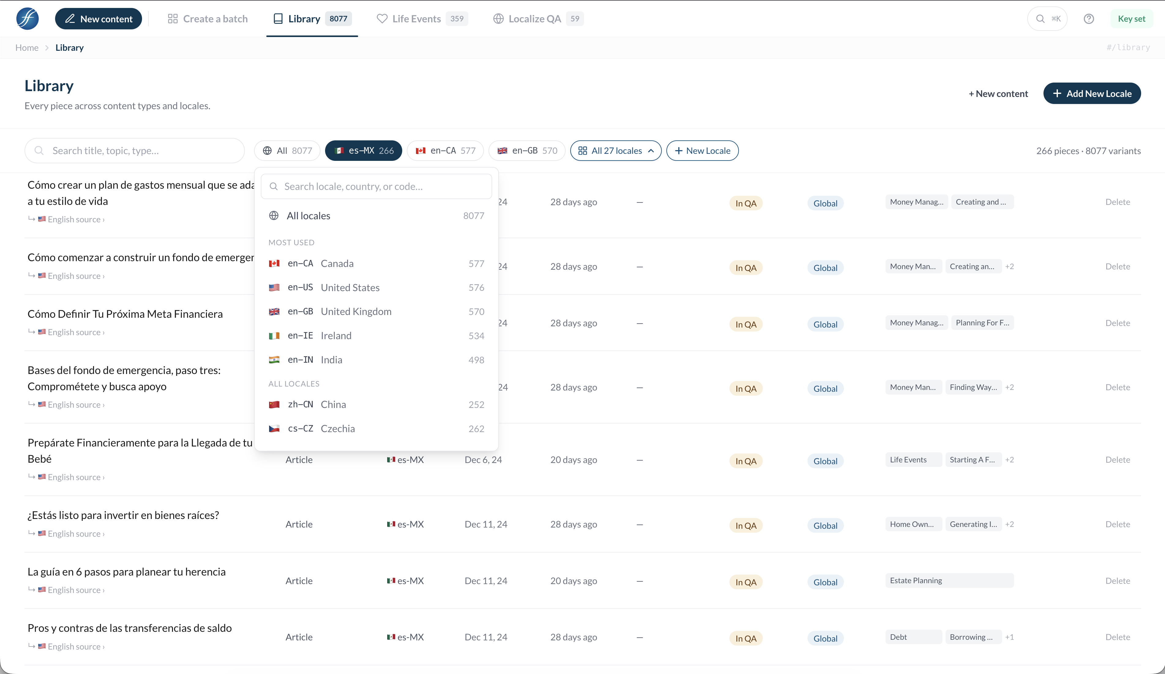 The content library — every piece across content types and locales, with status, audience filter, and localization queue